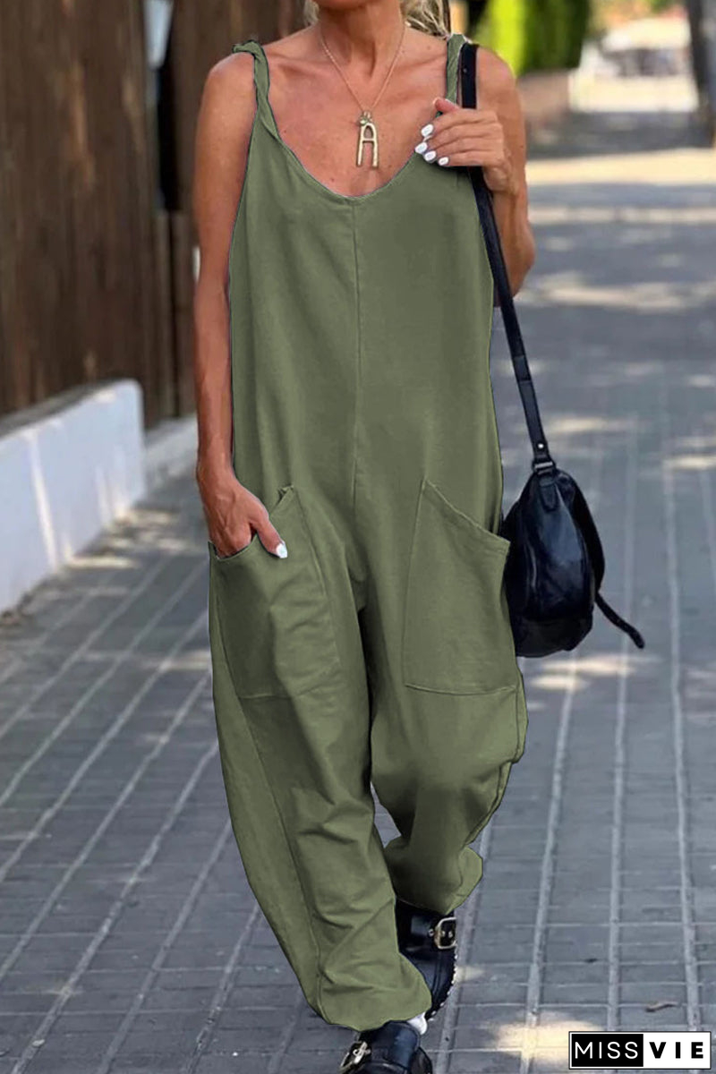 Casual Simplicity Solid Pocket U Neck Loose Jumpsuits(12 Colors)