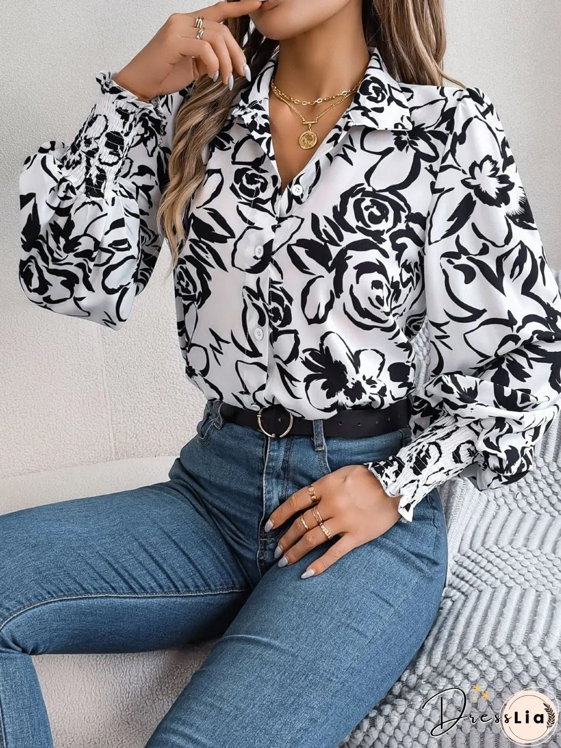 Printed Collared Neck Lantern Sleeve Shirt