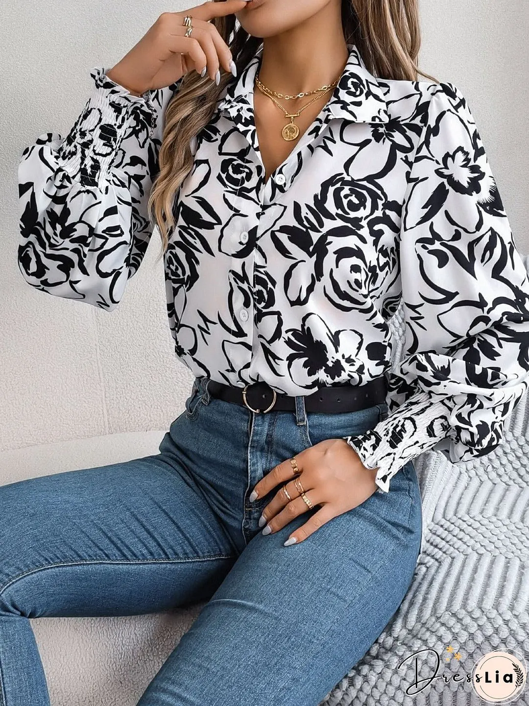 Printed Collared Neck Lantern Sleeve Shirt