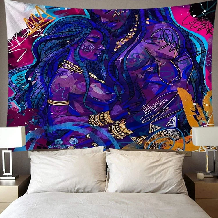 Black Art Tapestry Afro African American Woman Couple Red Wine Love Meditation Hippie Hip Hop Girl Wall Hanging Cloth Tapestries