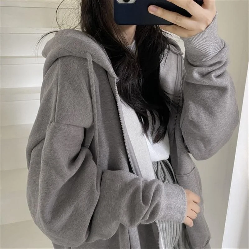 Zip Up Hoodies Women Korean Style Solid Color Oversize Hooded Sweatshirt Jacket Casual Long Sleeve Loose Coats Girls Hoodie Tops 1201