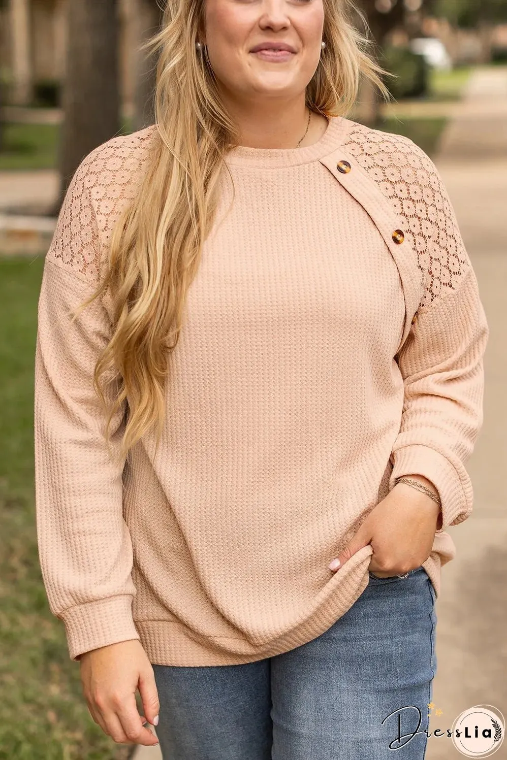 Beige Plus Size Lace Patchwork Buttons Waffle Knit Top