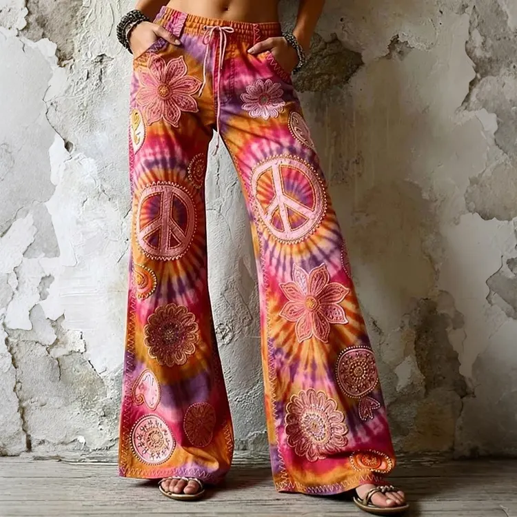 Women's Retro Floral Hippie Logo Lace-up Casual Trousers