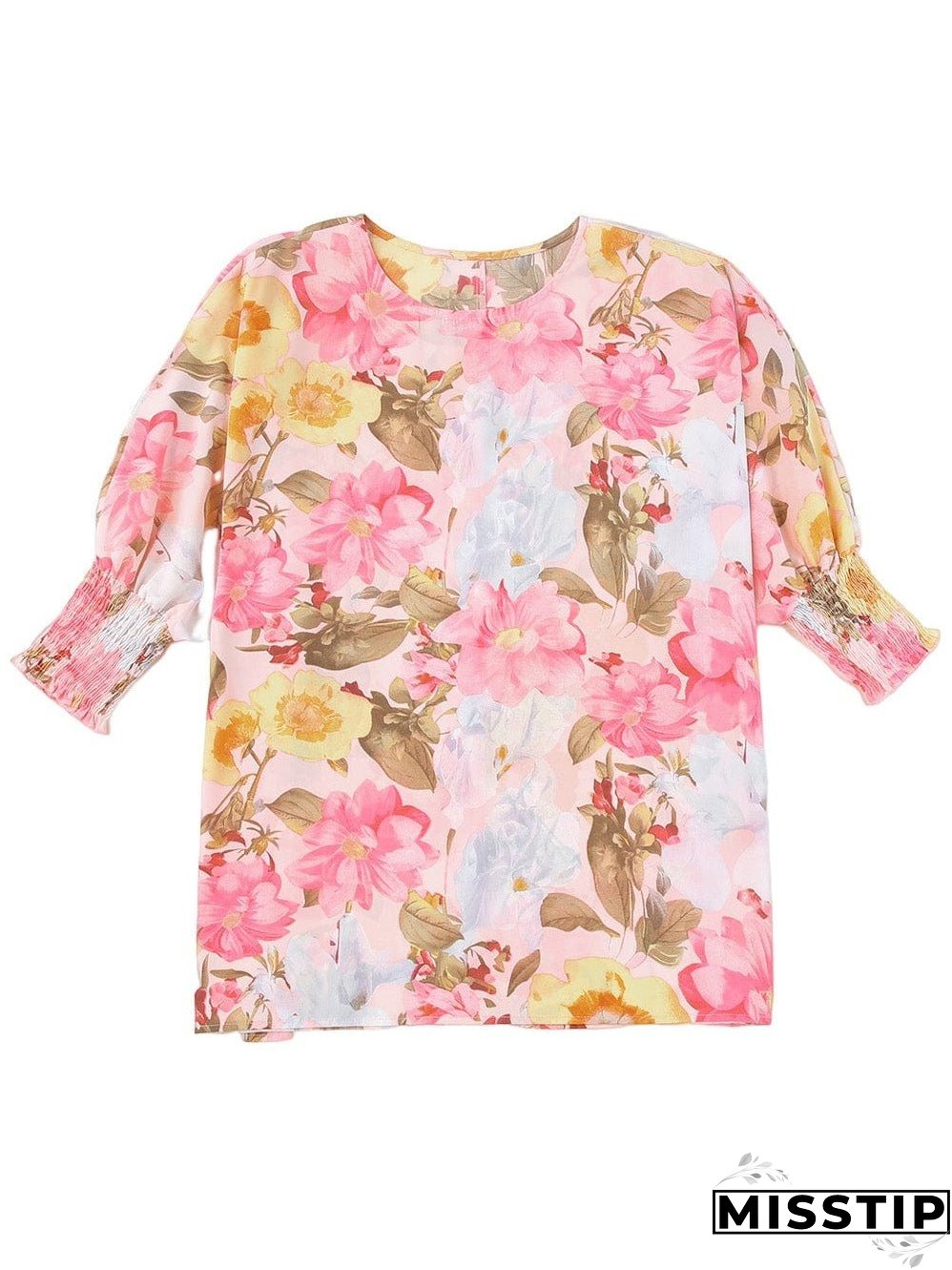 Pink Floral Loose Fit Blouse with Shirred Cuffs