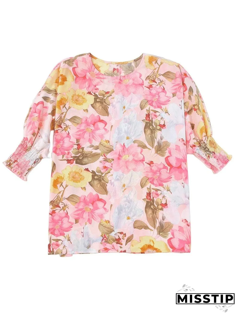 Pink Floral Loose Fit Blouse with Shirred Cuffs