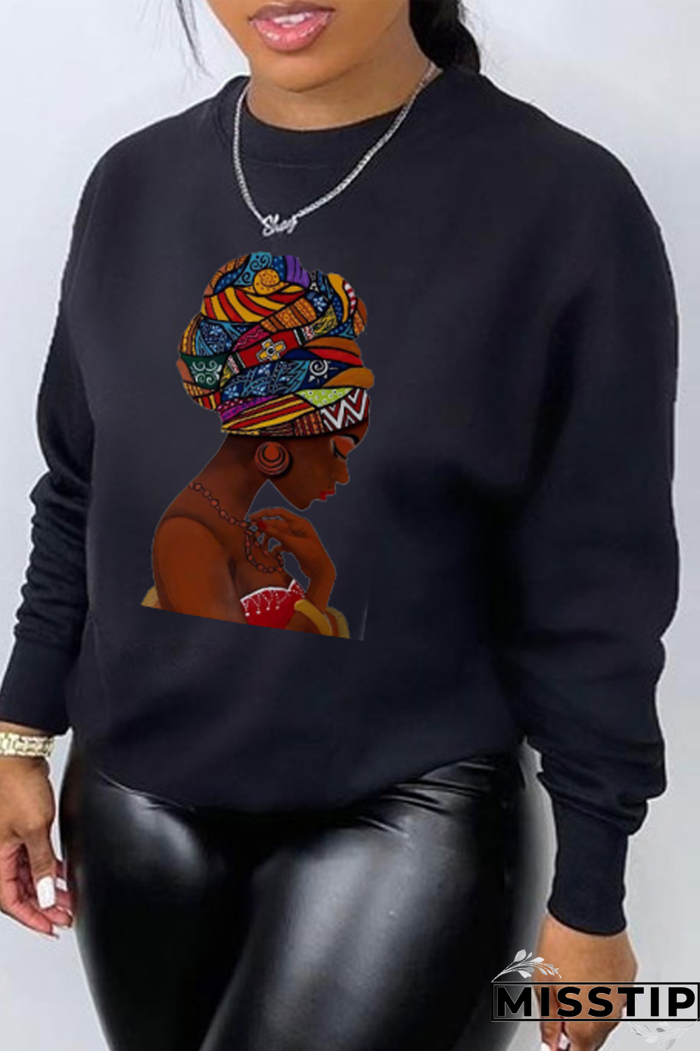 Black Fashion Casual Print Patchwork O Neck Tops