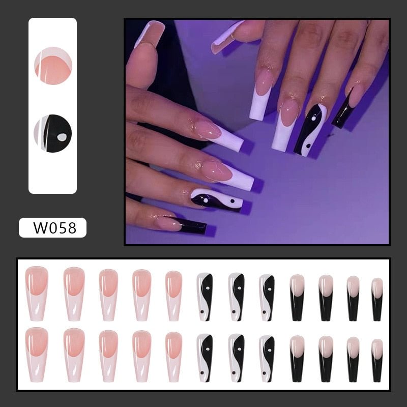 Coffin Fake Nails Detachable Black White French False Nails Press On Nails Long Fingernail Decal Faux Ballerina Nail Art Tips