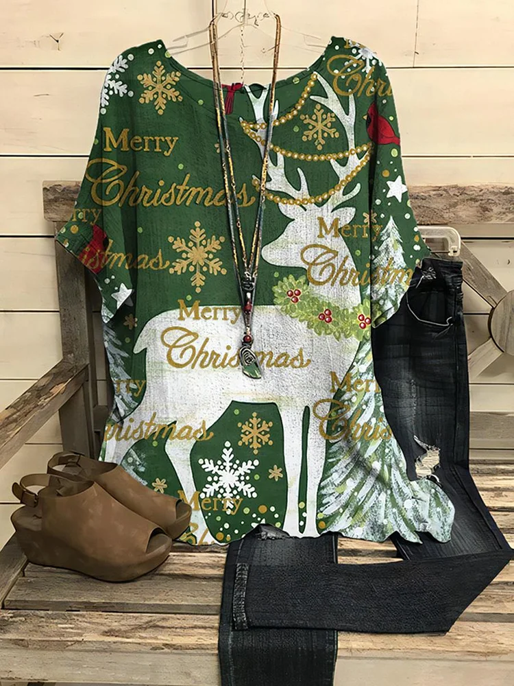 Women's Christmas Green Christmas Elk Printed Casual Half Sleeved Top