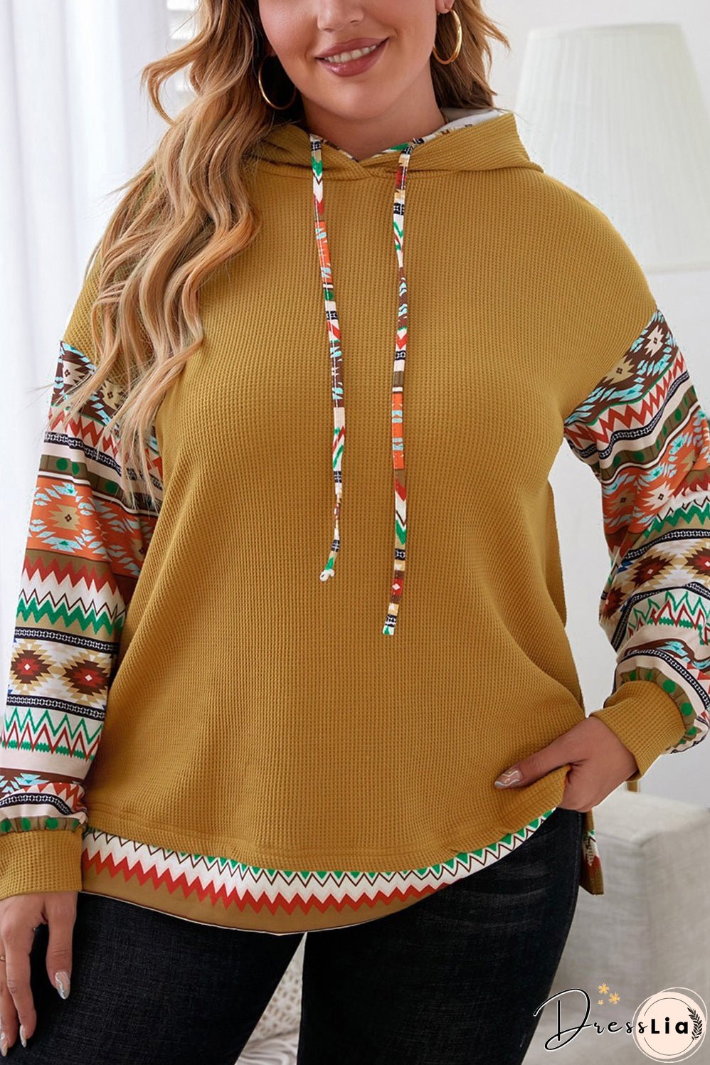 Aztec Patchwork Camel Hooded Waffle Plus Size Hoodie