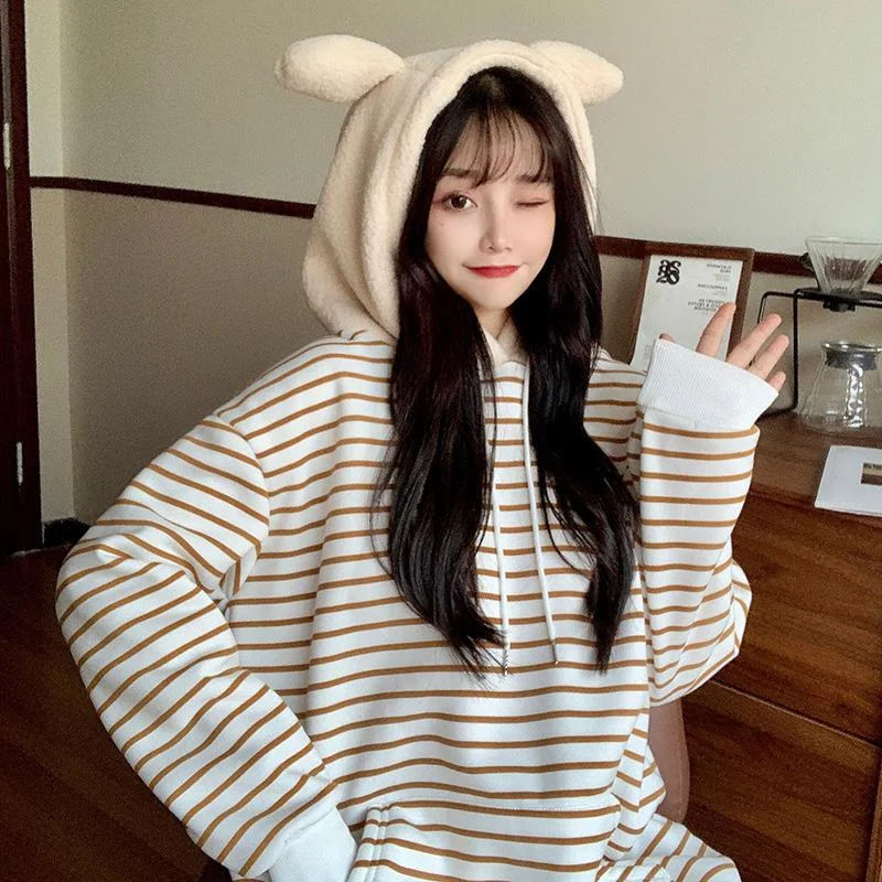 Women's Kawaii Hoodie 2021 New Korean Loose Striped Fake Two-Piece Pullover Cute Bear Ears Lamb Hair Sweet Girls Student Clothes
