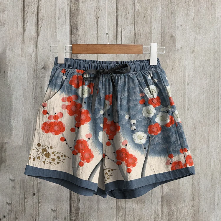 Comstylish Japanese Art Sakura Print Casual Shorts