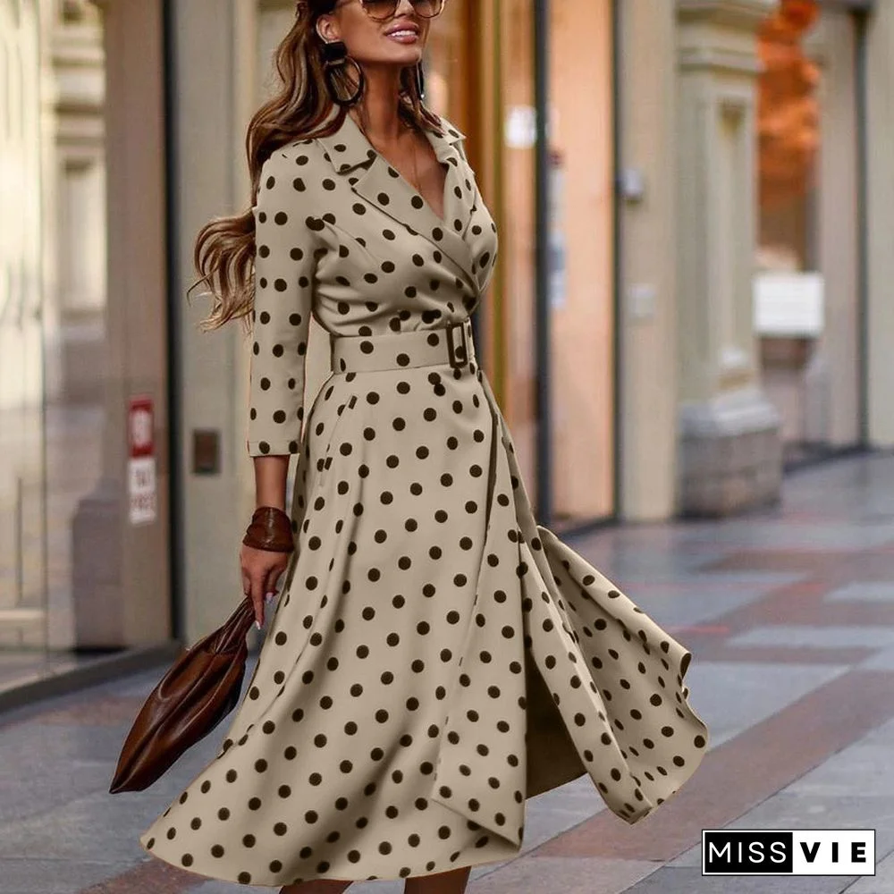 Fashion Polka Dot Printed V-neck Slim Long Skirt