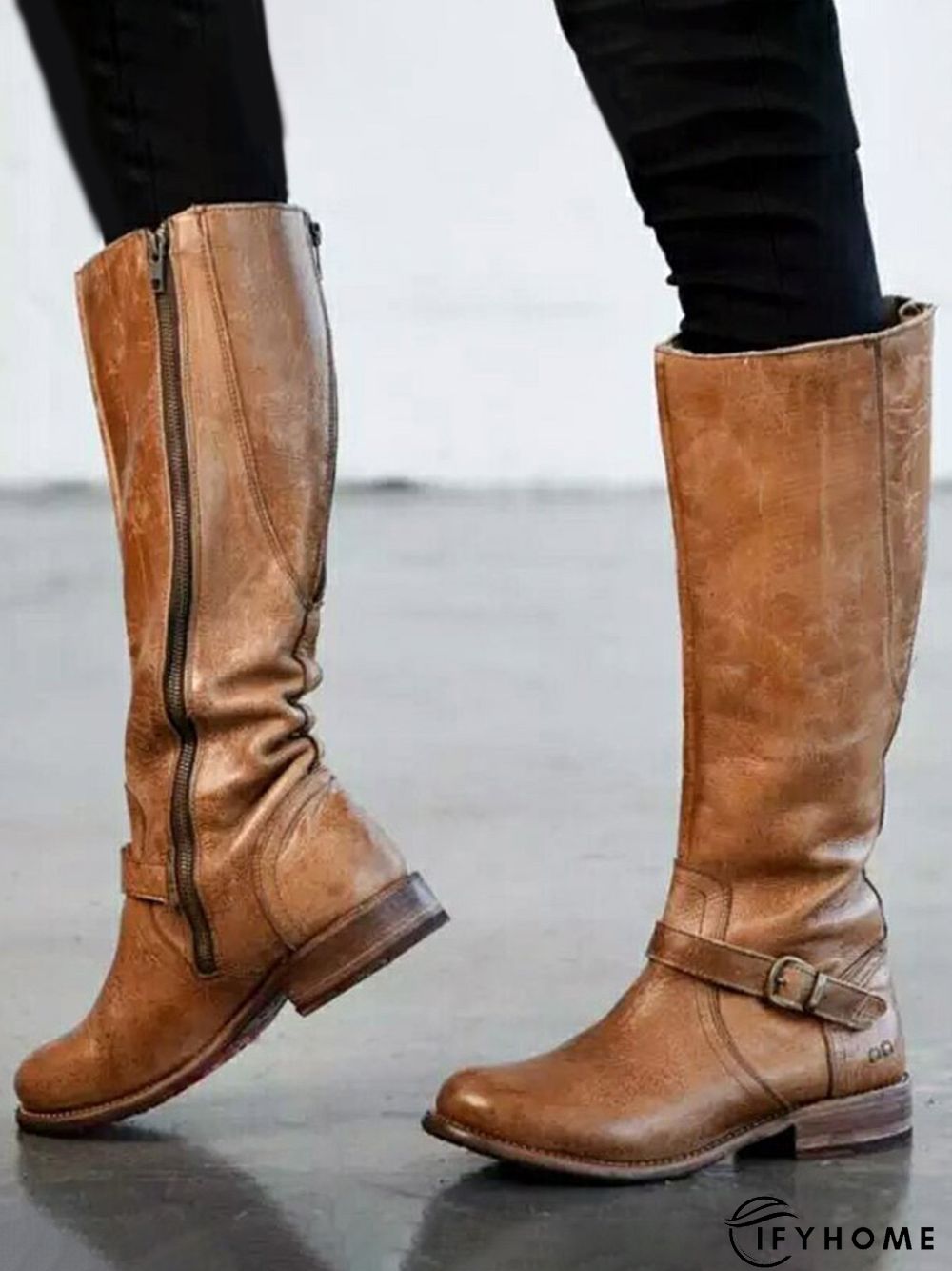 Vintage Round Toe Buckle Tall Boots Chunky Heel Riding Boots | IFYHOME