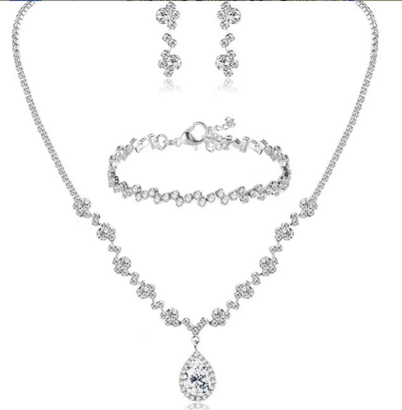 Bridesmaid Dance Costume Rhinestone Jewelry Suit Bridal Wedding Metal Zircon Water Drop Wave Necklace Earrings Bracelet