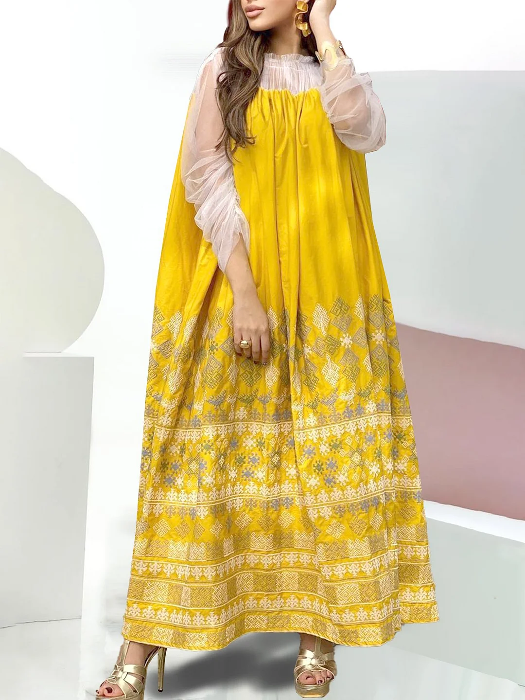 Mesh Joint Yellow Satin Loose Dress
