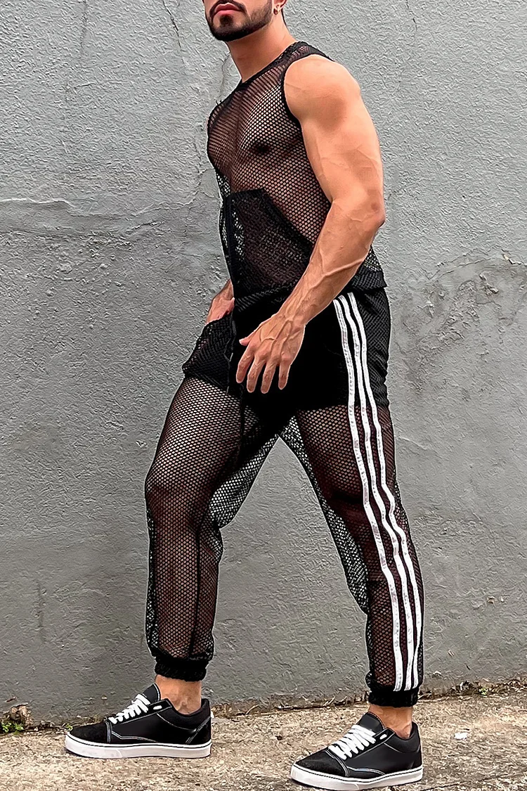 Men's Mesh See Through Tank Top Stripe Joggers Black Two Piece Set [Pre-Order]