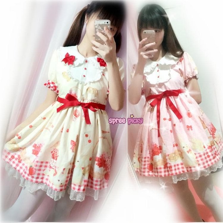 S/M Light Yellow/Brown/Pink Kawaii Bunny Grid Dress SP166989