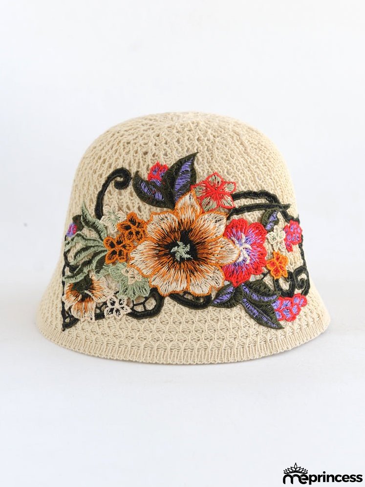 Ethnic embroidered flowers in summer breathable hollow sunscreen fisherman hat female sunshade Joker bucket hat Sun basin hat