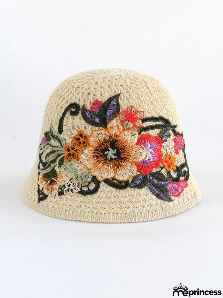 Ethnic embroidered flowers in summer breathable hollow sunscreen fisherman hat female sunshade Joker bucket hat Sun basin hat