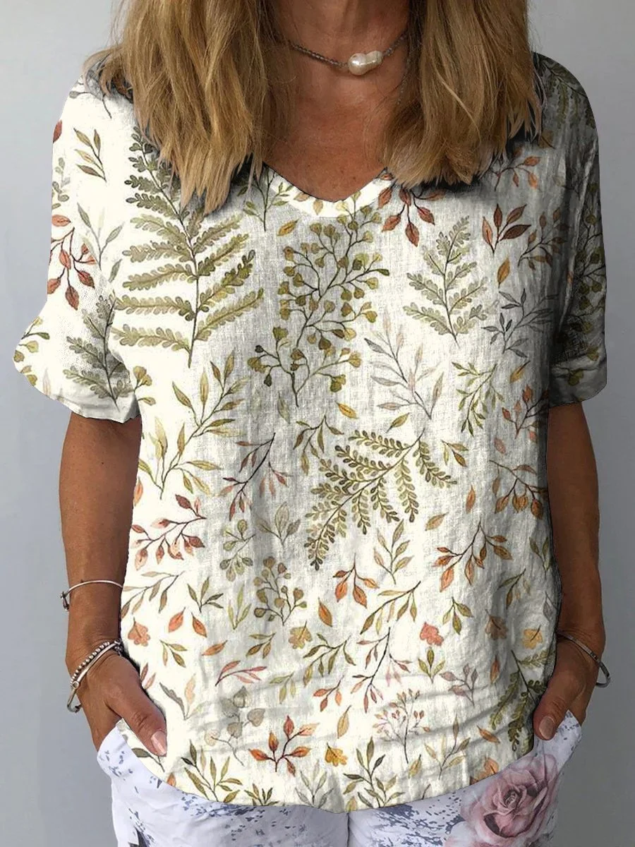 Foliage Flowers Women's Print Casual Cotton And Linen Shirt