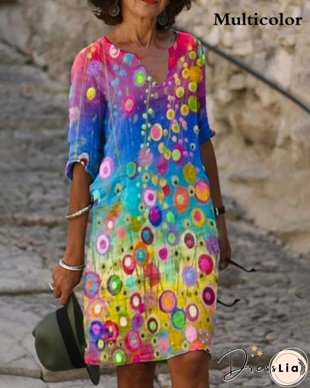 Women Printing Dress Summer V-Neck Half Sleeve A-Line Dresses Female Retro Litera Vintage Loose Dress