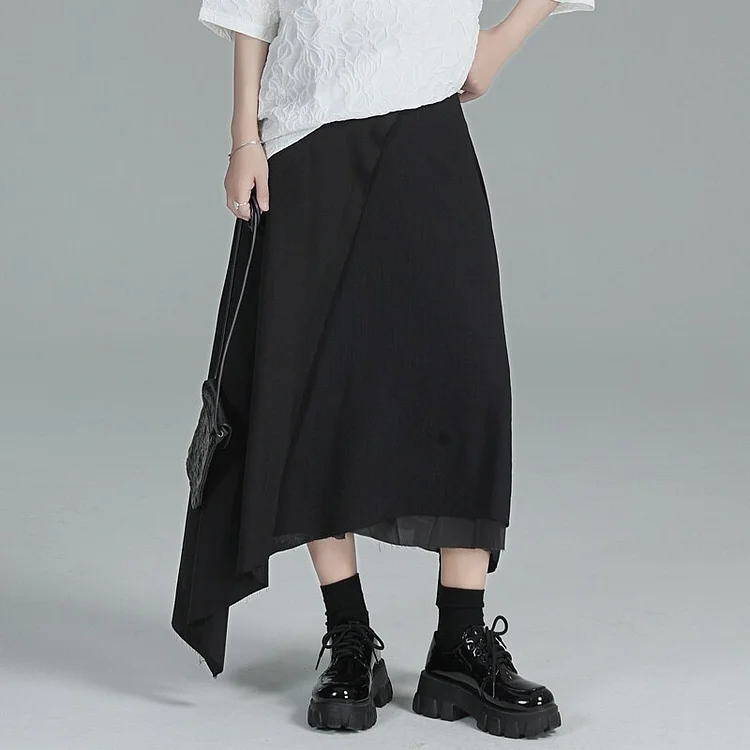 Simple Black Patchwork Irregular Hem A-line Skirt                
