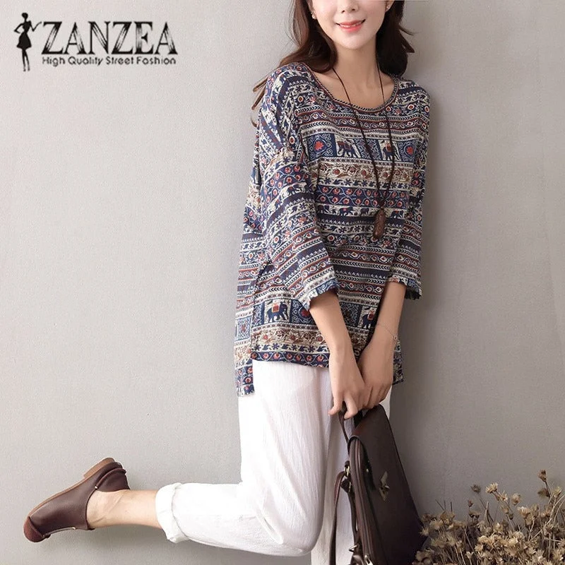 ZANZEA 2022 Women Autumn  Floral O Neck 3/4 Sleeve Blouse Casual Vintage Shirt Cotton Linen Baggy Top Blusas Tunic