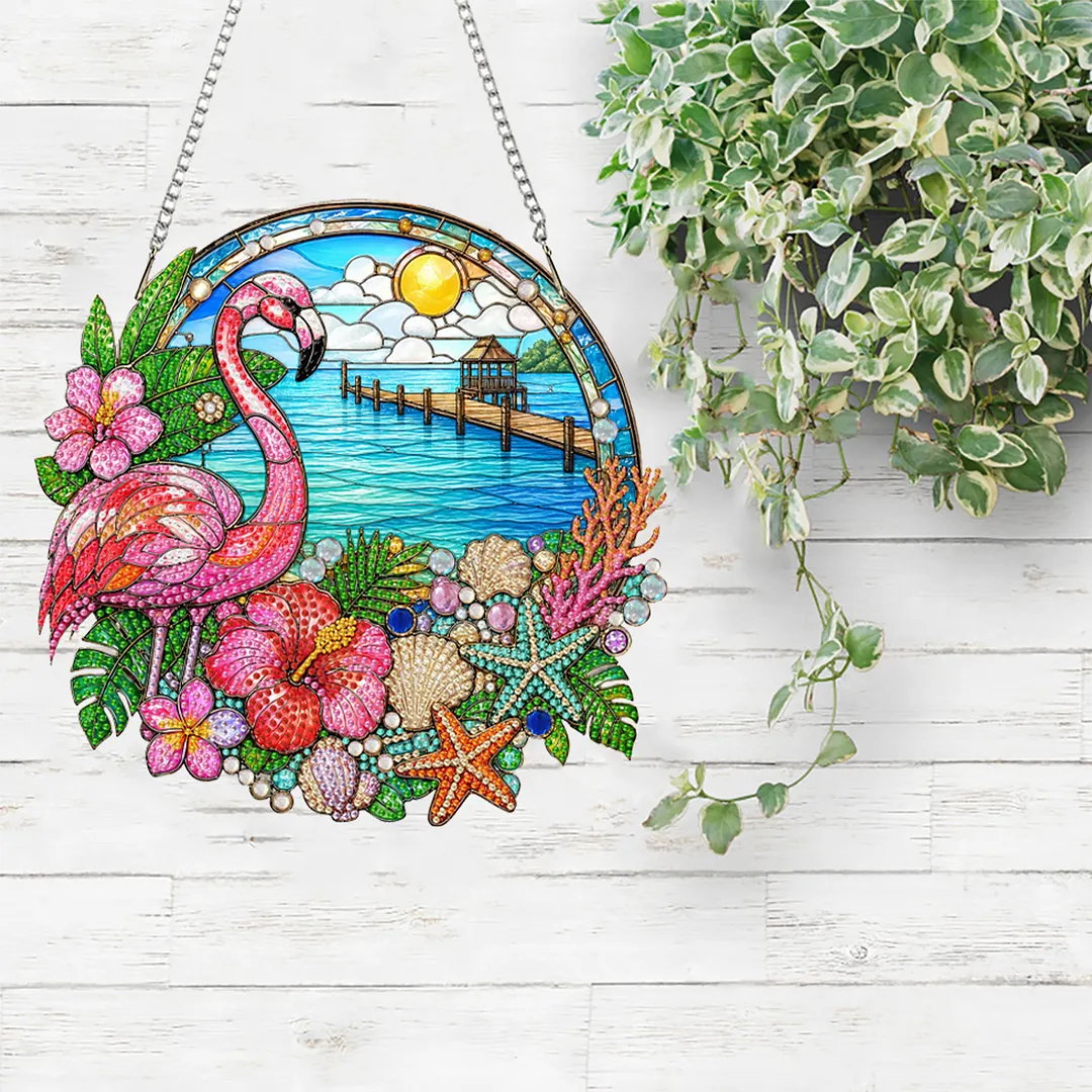 Flamingo Beach Scene 2D Flat DIY PET Diamond Painting Pendant Special Shape Hanging Gem Art Paintings Charm Single Side Drill for Adults Home Wall Window Decor