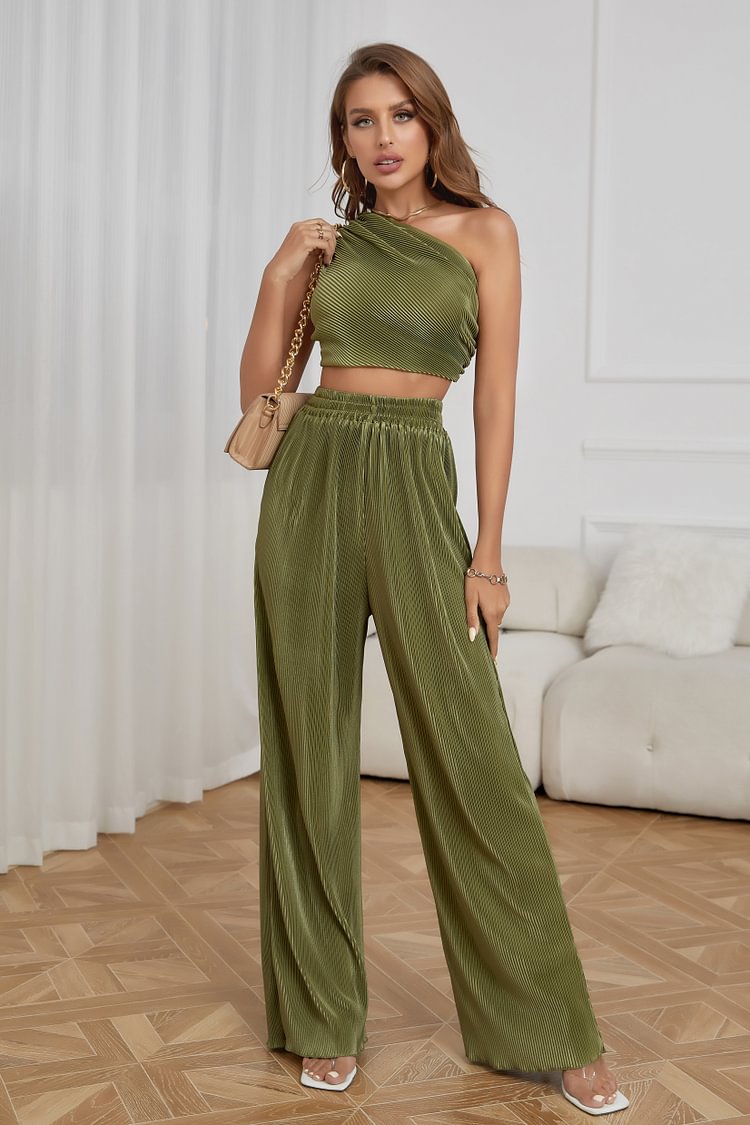 Cherley One Shoulder Ruched Crop Top Wide Leg Pants Set 