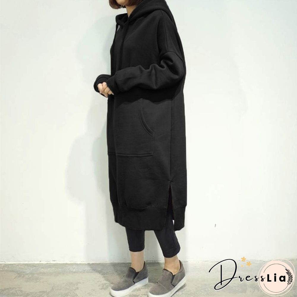 Women Plus Size Spring Autumn Casual Long Pullover Fleece Hooded Sweatshirt Dress L-5Xl