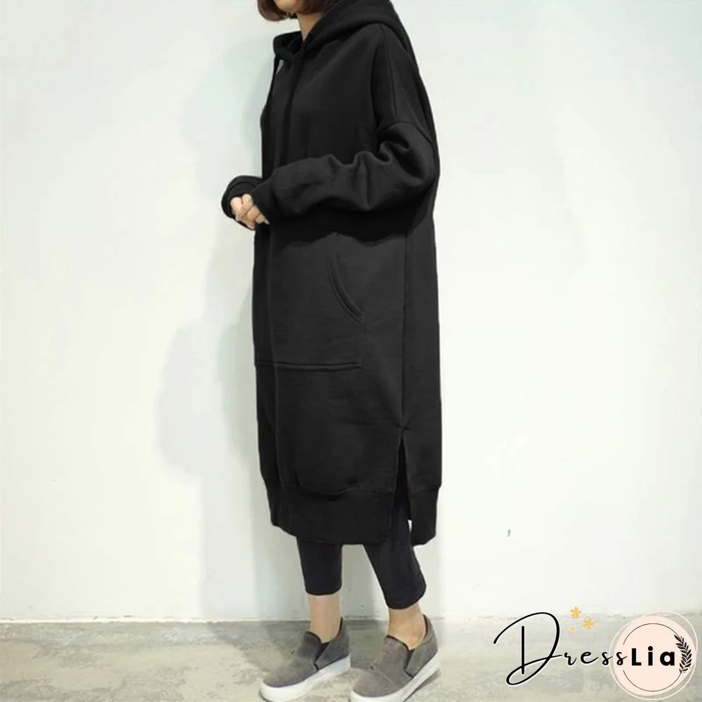 Women Plus Size Spring Autumn Casual Long Pullover Fleece Hooded Sweatshirt Dress L-5Xl