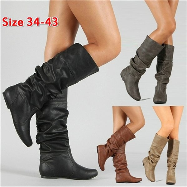 Winter Fashion Ladies Flat Heel Solid Color Long Boots Pointed Toe Knee High Ladies PU Leather Boots Casual Flats Outdoor Non-slip Booties 34-43 - Shop Trendy Women's Clothing | LoverChic