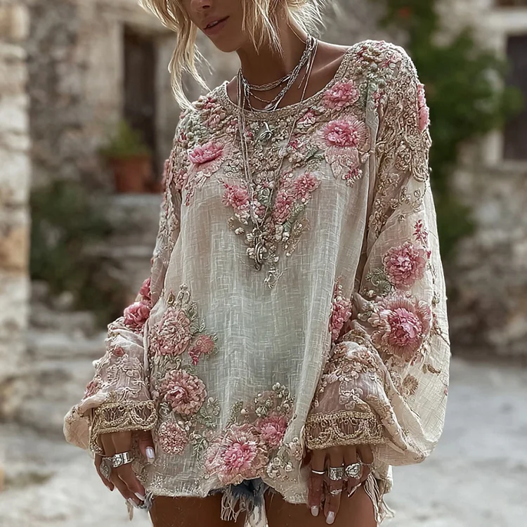 Women's Pink Rose Embroidery Art Round Neck Linen Blend T-shirt