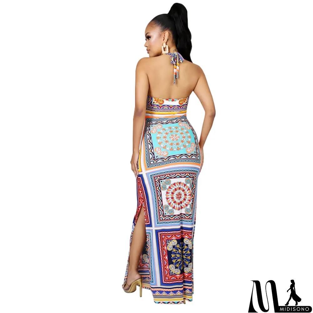 MidiSono - Print Low Back Sexy Slit Halter Long African Dress