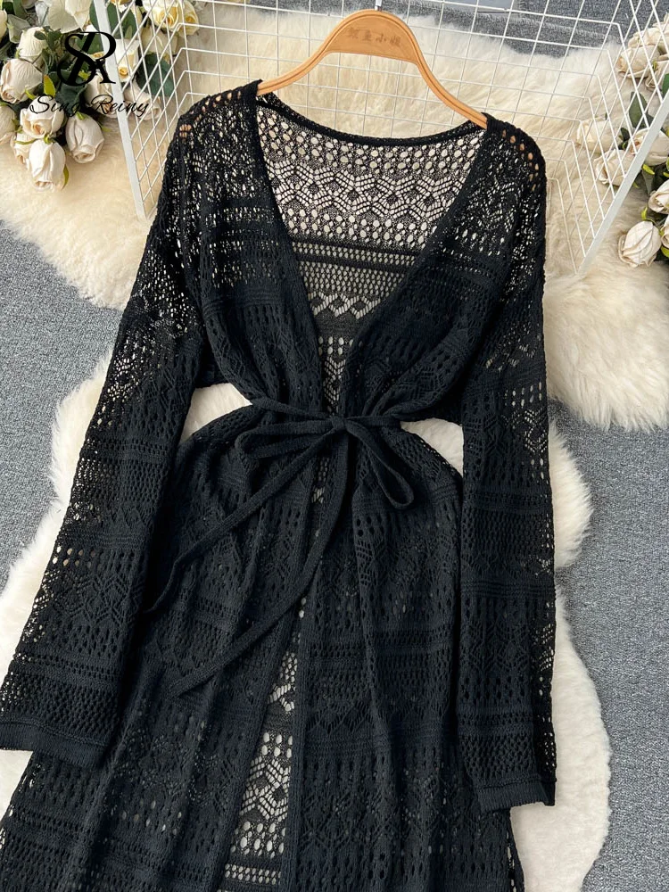 Huibahe Bohemian Casual Summer Cardigan Dress Women Long Sleeve Hollow Out Thin Fashion Vacation Midi Long Knitted Dresses