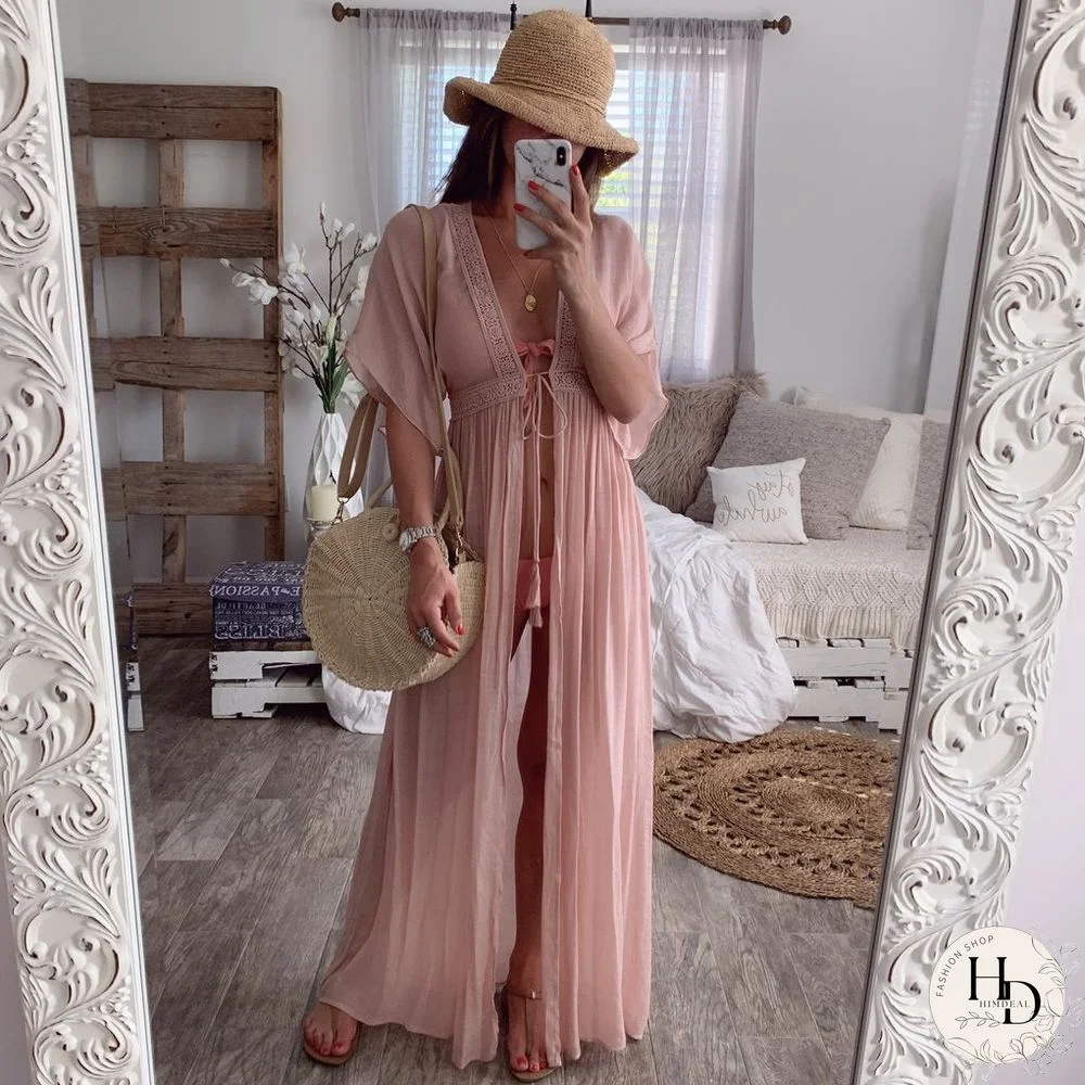 Summer Lace Cardigan Solid Color Holiday Style Dress Long Skirt