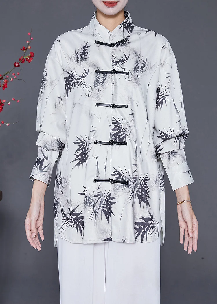 Vintage White Inkwash Painting Print Chinese Button Chiffon Shirt Tops Fall