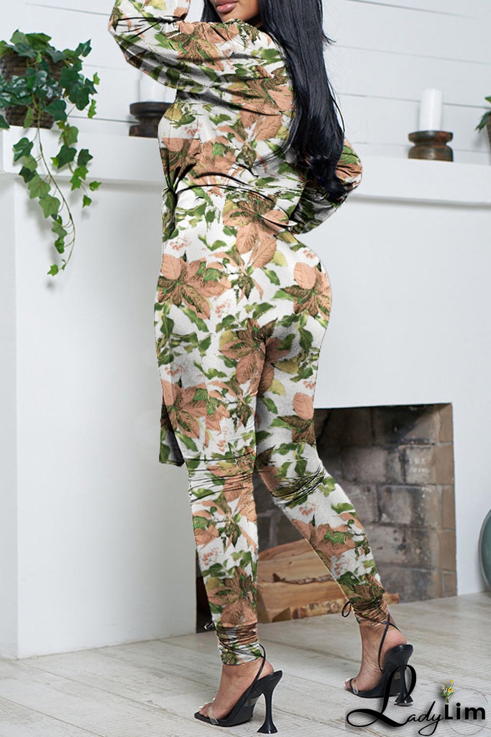 Green Casual Print Frenulum V Neck Long Sleeve Two Pieces