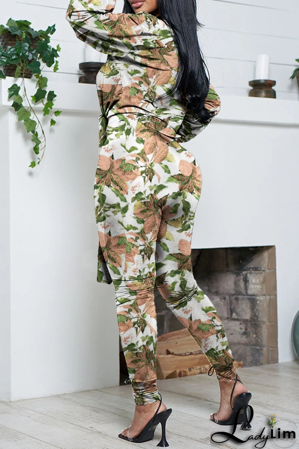 Green Casual Print Frenulum V Neck Long Sleeve Two Pieces