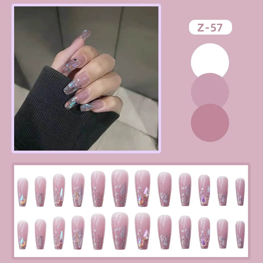 24pcs Butterfly decorated false nails Removable Long Paragraph Fashion Manicure press on nail tips full cover acrylic for girls-Nail Inspo