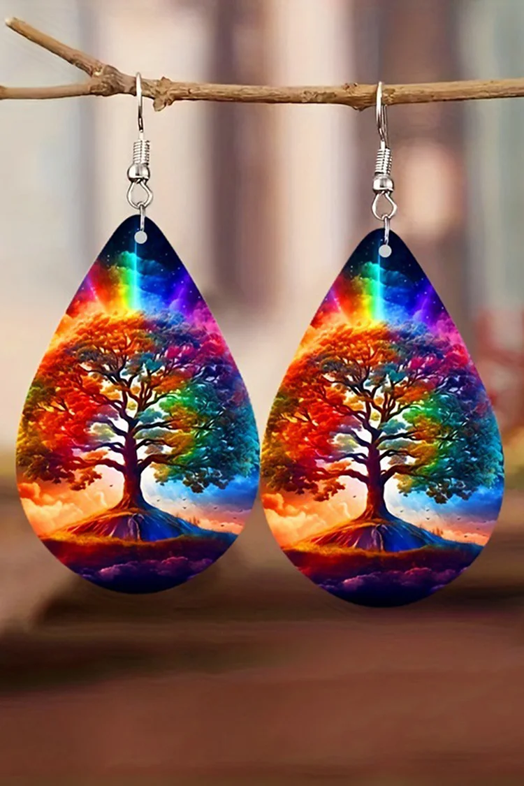 Halloween Wooden Double Sided Tree Pattern Water Droplet Earrings 2024 - Xpluswear