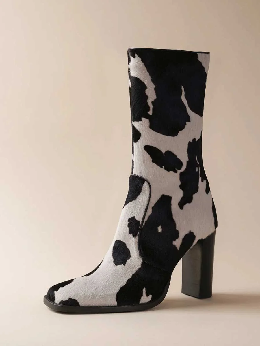 Black & White Square Toe Cow Print Chunky Heel Ankle Boots