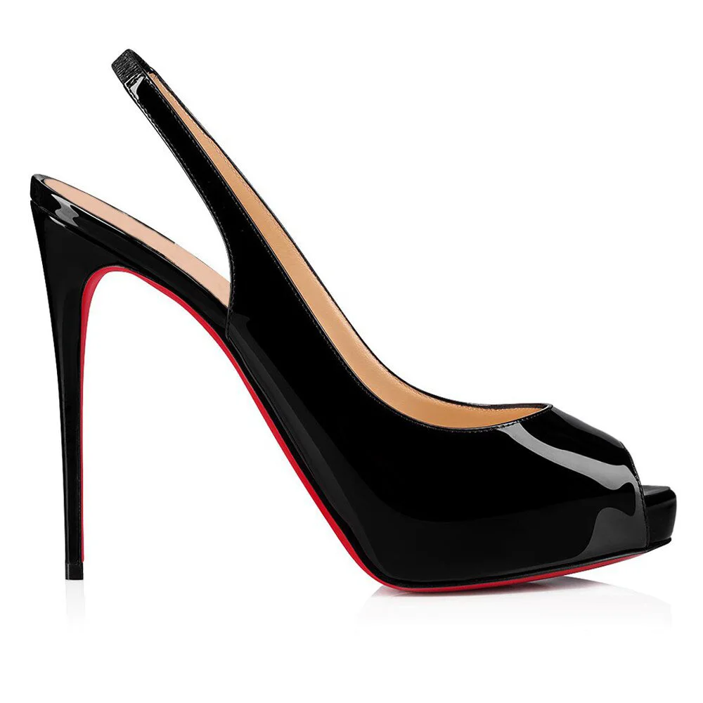 120mm Red Bottom Elastic Strap Slingback Sandals Peep Toe Platform Stilettos Black Patent Heels-MERUMOTE