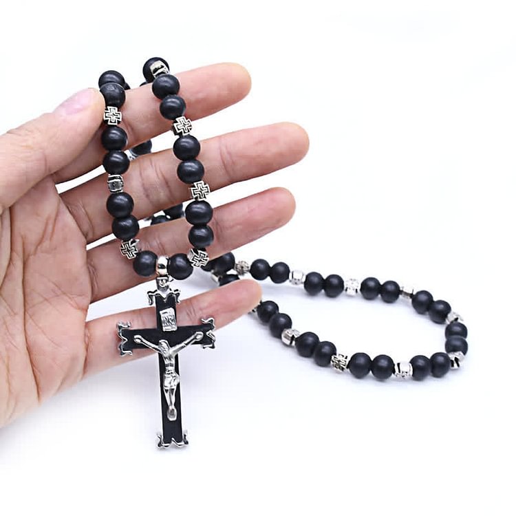 Short Cross Wood Rosary Necklace