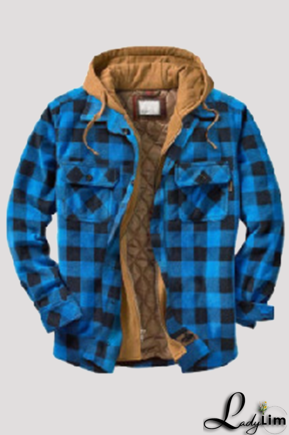 Blue Fashion Casual Plaid Split Joint Pocket Hooded Collar Outerwear