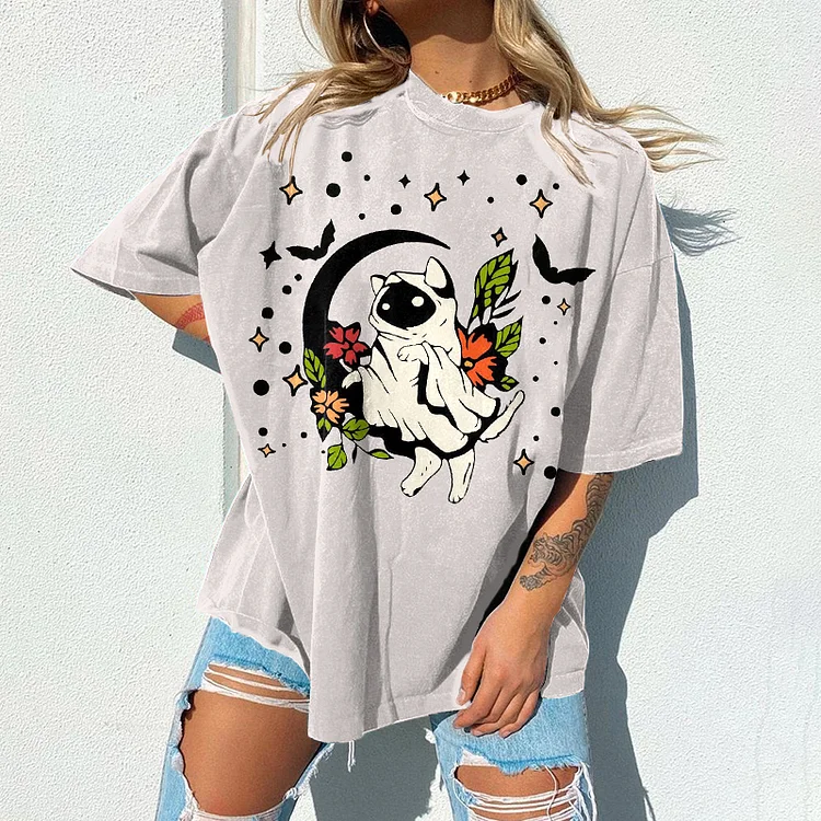 Vefave Halloween Cat Print Short Sleeve T-Shirt