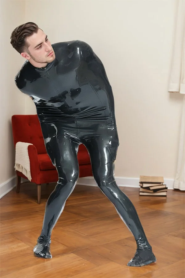 Men Latex Catsuits Male Captive Half Sleepsac Restrictive Windproof Sleepsac  Style Catsuit - Metallic Black
