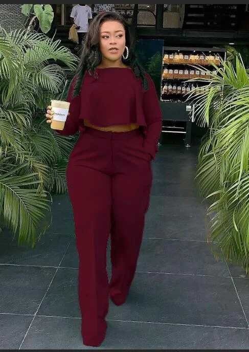 Brownm Back Long Fashion Pleated Blouse And Pants Solid Color Wide Leg Two-piece Set