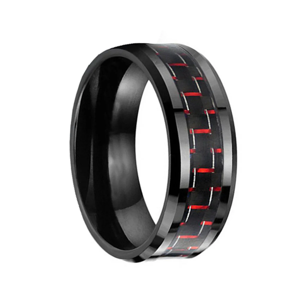 6MM 8MM Red Carbon Fiber Inlay Mens Tungsten Rings Polished Beveled Edge