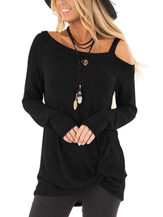 Budgetg Spring Off Shoulder T-Shirt Women Long Sleeve Casual Loose Solid Color Sexy Tee Tops Ladies Pullover Hollow Out Streetwear
